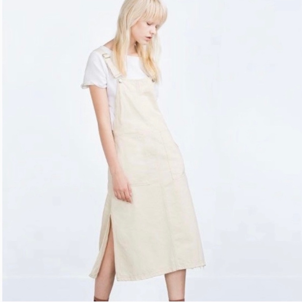 Zara Trafaluc Cream Denim Pinafore Overall Jumper Dress w/ Pockets Size Medium
